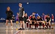 11 May 2025; Dundalk coach Enda Minogue, left, during the LOI Cairdeas Cup Festival match between Dundalk and Waterford at the National Indoor Arena on the Sport Ireland Campus in Dublin. Photo by Stephen McCarthy/Sportsfile
