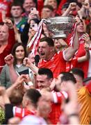 11 May 2025; Louth captain Sam Mulroy lifts The Delaney Cup after his side's victory in the Leinster GAA Football Senior Championship final match between Louth and Meath at Croke Park in Dublin. Photo by Piaras Ó Mídheach/Sportsfile