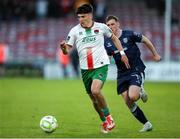 9 May 2025; Matthew Kiernan of Cork City in action against Gavin Whyte of Derry City during the SSE Airtricity Men's Premier Division match between Cork City and Derry City at Turner's Cross in Cork. Photo by Michael P Ryan/Sportsfile