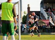 9 May 2025; Liam Boyce of Derry City heads to score his sides first goal despite the attention of Milan Mbeng of Cork City during the SSE Airtricity Men's Premier Division match between Cork City and Derry City at Turner's Cross in Cork. Photo by Michael P Ryan/Sportsfile
