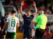 9 May 2025; Ronan Boyce of Derry City remonstrates with referee Declan Toland during the SSE Airtricity Men's Premier Division match between Cork City and Derry City at Turner's Cross in Cork. Photo by Michael P Ryan/Sportsfile