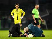 9 May 2025; Adam O'Reilly of Derry City receives medical attention during the SSE Airtricity Men's Premier Division match between Cork City and Derry City at Turner's Cross in Cork. Photo by Michael P Ryan/Sportsfile