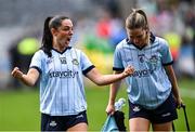 11 May 2025; Dublin players Sinéad Goldrick, left, and Martha Byrne after their side's victory in the TG4 Leinster LGFA Senior Football Championship final match between Dublin and Meath at Croke Park in Dublin. Photo by Piaras Ó Mídheach/Sportsfile