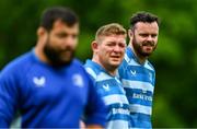 12 May 2025; Leinster players, from left, Rabah Slimani, Tadhg Furlong and James Ryan during the Leinster Rugby Squad Training at UCD in Dublin. Photo by Tyler Miller/Sportsfile