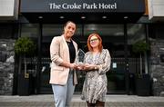 12 May 2025; Kerry star Danielle O’Leary is presented with The Croke Park Hotel/LGFA Player of the Month award for April 2025 by Edele O’Reilly, Director of Sales and Marketing, The Croke Park Hotel, at The Croke Park Hotel in Jones Road, Dublin. Danielle scored 1-5 in a Player of the Match performance against Armagh in the Lidl National League Division 1 Final at Croke Park on Saturday April 12. Photo by Stephen McCarthy/Sportsfile