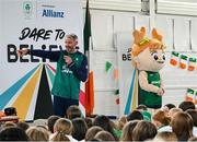 12 May 2025; Olympian Thomas Barr with students from St Laurence's Catholic National School during the Dare to Believe Olympic Schools Programme at St Laurence's Catholic National School in Kildare. Photo by David Fitzgerald/Sportsfile