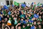 12 May 2025; Olympian Thomas Barr with students from St Laurence's Catholic National School during the Dare to Believe Olympic Schools Programme at St Laurence's Catholic National School in Kildare. Photo by David Fitzgerald/Sportsfile