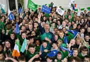 12 May 2025; Olympian Thomas Barr with students from St Laurence's Catholic National School during the Dare to Believe Olympic Schools Programme at St Laurence's Catholic National School in Kildare. Photo by David Fitzgerald/Sportsfile