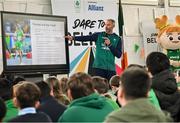 12 May 2025; Olympian Thomas Barr with students from St Laurence's Catholic National School during the Dare to Believe Olympic Schools Programme at St Laurence's Catholic National School in Kildare. Photo by David Fitzgerald/Sportsfile