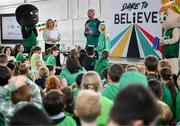 12 May 2025; Olympian Thomas Barr with students from St Laurence's Catholic National School during the Dare to Believe Olympic Schools Programme at St Laurence's Catholic National School in Kildare. Photo by David Fitzgerald/Sportsfile
