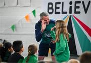 12 May 2025; Olympian Thomas Barr with students from St Laurence's Catholic National School during the Dare to Believe Olympic Schools Programme at St Laurence's Catholic National School in Kildare. Photo by David Fitzgerald/Sportsfile