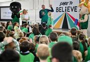12 May 2025; Olympian Thomas Barr with students from St Laurence's Catholic National School during the Dare to Believe Olympic Schools Programme at St Laurence's Catholic National School in Kildare. Photo by David Fitzgerald/Sportsfile