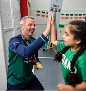 12 May 2025; Olympian Thomas Barr with students from St Laurence's Catholic National School during the Dare to Believe Olympic Schools Programme at St Laurence's Catholic National School in Kildare. Photo by David Fitzgerald/Sportsfile