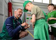 12 May 2025; Olympian Thomas Barr with students from St Laurence's Catholic National School during the Dare to Believe Olympic Schools Programme at St Laurence's Catholic National School in Kildare. Photo by David Fitzgerald/Sportsfile