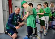 12 May 2025; Olympian Thomas Barr with students from St Laurence's Catholic National School during the Dare to Believe Olympic Schools Programme at St Laurence's Catholic National School in Kildare. Photo by David Fitzgerald/Sportsfile