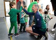 12 May 2025; Olympian Thomas Barr with students from St Laurence's Catholic National School during the Dare to Believe Olympic Schools Programme at St Laurence's Catholic National School in Kildare. Photo by David Fitzgerald/Sportsfile