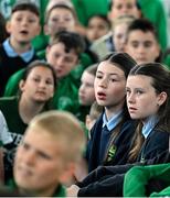 12 May 2025; Students from St Laurence's Catholic National School look on as Olympian Thomas Barr speaks during the Dare to Believe Olympic Schools Programme at St Laurence's Catholic National School in Kildare. Photo by David Fitzgerald/Sportsfile