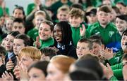 12 May 2025; Students from St Laurence's Catholic National School look on as Olympian Thomas Barr speaks during the Dare to Believe Olympic Schools Programme at St Laurence's Catholic National School in Kildare. Photo by David Fitzgerald/Sportsfile