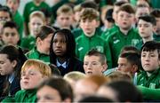 12 May 2025; Students from St Laurence's Catholic National School look on as Olympian Thomas Barr speaks during the Dare to Believe Olympic Schools Programme at St Laurence's Catholic National School in Kildare. Photo by David Fitzgerald/Sportsfile