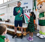 12 May 2025; Olympian Thomas Barr with students from St Laurence's Catholic National School during the Dare to Believe Olympic Schools Programme at St Laurence's Catholic National School in Kildare. Photo by David Fitzgerald/Sportsfile