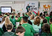 12 May 2025; Olympian Thomas Barr with students from St Laurence's Catholic National School during the Dare to Believe Olympic Schools Programme at St Laurence's Catholic National School in Kildare. Photo by David Fitzgerald/Sportsfile