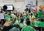 12 May 2025; Olympian Thomas Barr with students from St Laurence's Catholic National School during the Dare to Believe Olympic Schools Programme at St Laurence's Catholic National School in Kildare. Photo by David Fitzgerald/Sportsfile