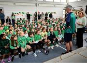 12 May 2025; Olympian Thomas Barr with students from St Laurence's Catholic National School during the Dare to Believe Olympic Schools Programme at St Laurence's Catholic National School in Kildare. Photo by David Fitzgerald/Sportsfile