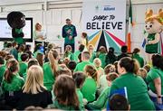 12 May 2025; Olympian Thomas Barr with students from St Laurence's Catholic National School during the Dare to Believe Olympic Schools Programme at St Laurence's Catholic National School in Kildare. Photo by David Fitzgerald/Sportsfile