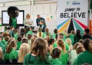 12 May 2025; Olympian Thomas Barr with students from St Laurence's Catholic National School during the Dare to Believe Olympic Schools Programme at St Laurence's Catholic National School in Kildare. Photo by David Fitzgerald/Sportsfile