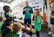 12 May 2025; Olympian Thomas Barr with students from St Laurence's Catholic National School during the Dare to Believe Olympic Schools Programme at St Laurence's Catholic National School in Kildare. Photo by David Fitzgerald/Sportsfile
