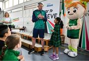 12 May 2025; Olympian Thomas Barr with students from St Laurence's Catholic National School during the Dare to Believe Olympic Schools Programme at St Laurence's Catholic National School in Kildare. Photo by David Fitzgerald/Sportsfile