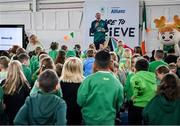 12 May 2025; Olympian Thomas Barr with students from St Laurence's Catholic National School during the Dare to Believe Olympic Schools Programme at St Laurence's Catholic National School in Kildare. Photo by David Fitzgerald/Sportsfile