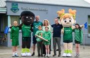 12 May 2025; Olympian Thomas Barr with principal Íde Kelly, teachers Shauna Gallagher, Olivia Byrne, left, and Allianz Schools Insurance Local Representative Martin Sinnott with students during the Dare to Believe Olympic Schools Programme at St Laurence's Catholic National School in Kildare. Photo by David Fitzgerald/Sportsfile