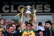 10 May 2025; Odhran McFadden Ferry of Donegal lifts the Anglo-Celt Cup after the Ulster GAA Football Senior Championship final match between Armagh and Donegal at St Tiernach's Park in Clones, Monaghan. Photo by Ramsey Cardy/Sportsfile