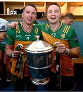 10 May 2025; Peadar Mogan, left, and Eoin McHugh of Donegal with the Anglo-Celt Cup after the Ulster GAA Football Senior Championship final match between Armagh and Donegal at St Tiernach's Park in Clones, Monaghan. Photo by Ramsey Cardy/Sportsfile