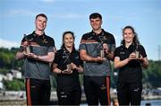 13 May 2025; PwC GAA/GPA Player of the Month for April Cork hurler Brian Hayes, Meath footballer Mathew Costello, left, and PwC GPA Women Players of the Month for April, Kerry ladies footballer Síofra O’Shea, right, and Offaly camogie player Mairéad Teehan with their awards at PwC offices in Cork today. Photo by David Fitzgerald/Sportsfile