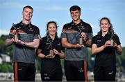 13 May 2025; PwC GAA/GPA Player of the Month for April Cork hurler Brian Hayes, Meath footballer Mathew Costello, left, and PwC GPA Women Players of the Month for April, Kerry ladies footballer Síofra O’Shea, right, and Offaly camogie player Mairéad Teehan with their awards at PwC offices in Cork today. Photo by David Fitzgerald/Sportsfile