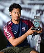14 May 2025; Moses Dyer of Galway United poses for a portrait with his SSE Airtricity / SWI Player of the Month Award for April 2025 at Eamonn Deacy Park in Galway. Photo by Ben McShane/Sportsfile