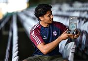 14 May 2025; Moses Dyer of Galway United poses for a portrait with his SSE Airtricity / SWI Player of the Month Award for April 2025 at Eamonn Deacy Park in Galway. Photo by Ben McShane/Sportsfile