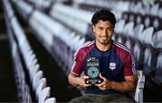 14 May 2025; Moses Dyer of Galway United poses for a portrait with his SSE Airtricity / SWI Player of the Month Award for April 2025 at Eamonn Deacy Park in Galway. Photo by Ben McShane/Sportsfile