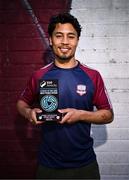 14 May 2025; Moses Dyer of Galway United poses for a portrait with his SSE Airtricity / SWI Player of the Month Award for April 2025 at Eamonn Deacy Park in Galway. Photo by Ben McShane/Sportsfile