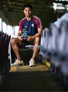 14 May 2025; Moses Dyer of Galway United poses for a portrait with his SSE Airtricity / SWI Player of the Month Award for April 2025 at Eamonn Deacy Park in Galway. Photo by Ben McShane/Sportsfile