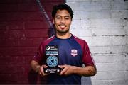 14 May 2025; Moses Dyer of Galway United poses for a portrait with his SSE Airtricity / SWI Player of the Month Award for April 2025 at Eamonn Deacy Park in Galway. Photo by Ben McShane/Sportsfile