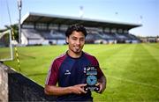 14 May 2025; Moses Dyer of Galway United poses for a portrait with his SSE Airtricity / SWI Player of the Month Award for April 2025 at Eamonn Deacy Park in Galway. Photo by Ben McShane/Sportsfile