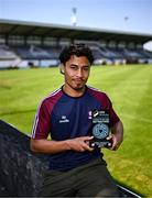 14 May 2025; Moses Dyer of Galway United poses for a portrait with his SSE Airtricity / SWI Player of the Month Award for April 2025 at Eamonn Deacy Park in Galway. Photo by Ben McShane/Sportsfile
