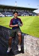 14 May 2025; Moses Dyer of Galway United poses for a portrait with his SSE Airtricity / SWI Player of the Month Award for April 2025 at Eamonn Deacy Park in Galway. Photo by Ben McShane/Sportsfile