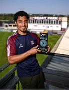 14 May 2025; Moses Dyer of Galway United poses for a portrait with his SSE Airtricity / SWI Player of the Month Award for April 2025 at Eamonn Deacy Park in Galway. Photo by Ben McShane/Sportsfile