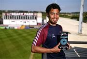 14 May 2025; Moses Dyer of Galway United poses for a portrait with his SSE Airtricity / SWI Player of the Month Award for April 2025 at Eamonn Deacy Park in Galway. Photo by Ben McShane/Sportsfile