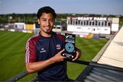 14 May 2025; Moses Dyer of Galway United poses for a portrait with his SSE Airtricity / SWI Player of the Month Award for April 2025 at Eamonn Deacy Park in Galway. Photo by Ben McShane/Sportsfile