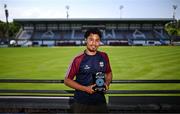14 May 2025; Moses Dyer of Galway United poses for a portrait with his SSE Airtricity / SWI Player of the Month Award for April 2025 at Eamonn Deacy Park in Galway. Photo by Ben McShane/Sportsfile